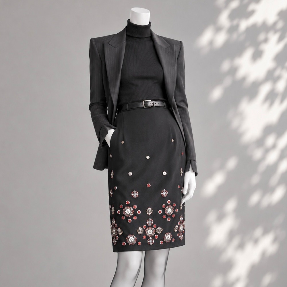 WHBM Beaded Pencil Skirt 6 Black Whimsigoth Corporate Goth Holiday Glam
